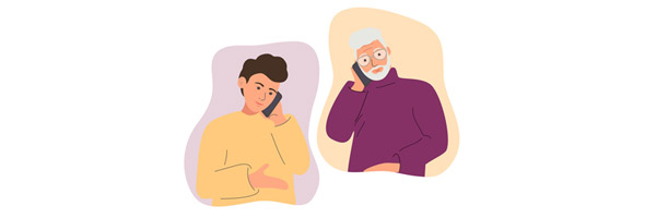 whimsical illustration of an older man with white hair and beard wearing a purple turtleneck talking to a younger relative on the telephone