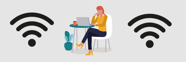 whimsical illustration of a A woman working on her laptop in a café next to a Wi-Fi logo